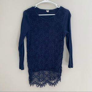 navy j crew top with crochet overlay in front